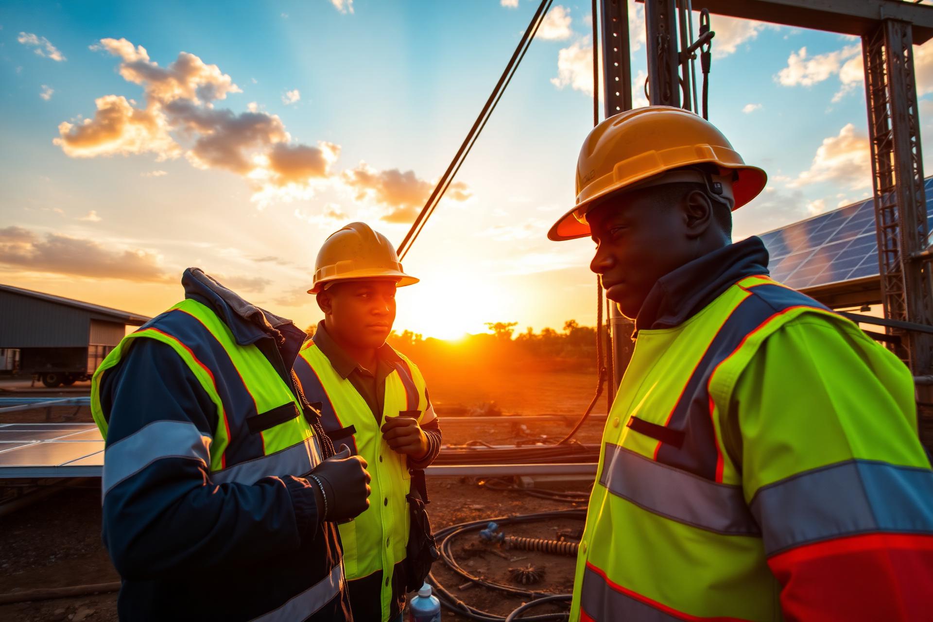 Techniciens RMS sur un chantier de forage et d'installation solaire